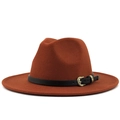Detail of caramel fedora hat featuring a black leather band and gold vintage buckle - Caramel color