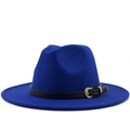 Royal blue wool fedora hat with black leather band and gold leaf buckle on white background - M (56-58cm) / Blue