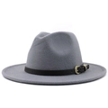 Detailed shot of grey fedora wool hat with black leather band and gold leaf buckle - Gray