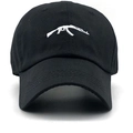 Close-up of a black cotton baseball cap featuring detailed white AK-47 rifle embroidery - Adjustable / Black AK-47