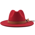Classic red wool fedora hat with brown leather band and white stitching accents - M (56-58cm) / Red