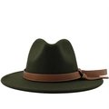 Deep olive green wool fedora hat with brown leather band and decorative knot - M (56-58cm) / Green