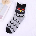Gray cotton crew socks featuring cute cartoon owl pattern with contrast black toe and cuff - Jacquard Style / Grey Owl