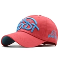Red cotton baseball cap with blue 3D embroidery and side smile pattern, side view - Adjustable / Watermelon red