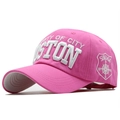 Detail of pink cotton baseball cap with 3D white Boston embroidery and side shield logo - Adjustable / Rose Red