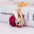 Sparkling pink and white rhinestone bunny keychain with a gold-plated metal ring - Rose Red Rabbit