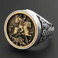 Anello con sigillo San Giorgio e drago vintage in rilievo bicolore argento oro - US 6 / Bicolore Oro Argento