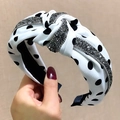 Polka dot mesh headband with rhinestones in white and black knotted twist design - White Polka Dot Rhinestone
