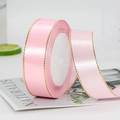 Pink satin ribbon with gold stitched edges for gift wrapping and cake box decoration - One Roll 22 Meters Long / Pink
