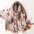 Elegantly draped floral and geometric paisley scarf with tassels and caramel color tones - Brown Retro Geometric