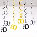 Hanging 50th birthday party swirl decorations in metallic gold silver and black colors - 50th Birthday (Gold Silver Black) / 6 Pieces Set