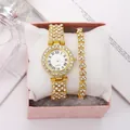 Detailed view of luxury gold quartz watch and rhinestone bracelet in a pink gift box - Rhinestone Watch + Rib Chain + Box / Gold