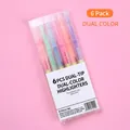 Lot de 6 surligneurs à double pointe bicolore avec boîte sur fond rose uni - 6 Pièces Bicolore/Paquet / Bicolore à Double Pointe