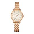 Close-up of elegant rose gold bracelet watch with white dial and Arabic numerals - Rose Gold Strap White Dial