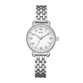Detailed close-up of a silver metal quartz watch with a white numeric dial and link bracelet - Silver Band White Dial