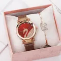 Women's rose gold watch and swan bracelet gift set with red gradient dial in pink box - Red + Bracelet + Box