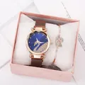 Detail view of rose gold swan watch and matching bracelet set in a luxury gift box - Blue + Bracelet + Box