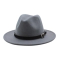 Classic grey wool fedora hat featuring a wide brim and a black buckled leather belt - Dark Gray