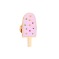 Close-up of pink ice cream enamel pin with colorful sprinkles and golden metal edges - Pink Popsicle