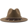 Detail of bohemian wool fedora hat featuring ethnic embroidery and vintage metal coin charms - M (56-58cm) / Khaki