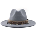 Close-up of gray wool fedora featuring an ethnic woven band with metallic coin charms - M (56-58cm) / Gray