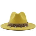 Detail of yellow wool felt fedora featuring ethnic woven band and silver metal coins - M (56-58cm) / Yellow