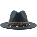 Dark grey wide brim fedora hat with ethnic woven band and metal coin charms - M (56-58cm) / Dark Gray
