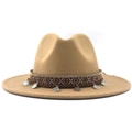 Detail of wool fedora hat featuring ethnic patterned band and vintage metal coin charms - M (56-58cm) / Camel