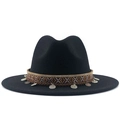 Detail of black fedora hat featuring ethnic woven band and silver metal charms - M (56-58cm) / Black