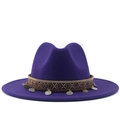 Purple wool fedora hat with ethnic woven band and silver metal coin leaf pendants - M (56-58cm) / Purple