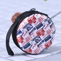 Retro print round coin purse and earphone case with black zipper and handy wrist strap - Geometric No. 1 (Retro Collage)