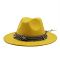 Yellow wool fedora hat with ethnic bohemian band, tassels and turquoise decoration - M (56-58cm) / Yellow