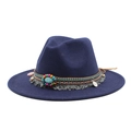 Detail of bohemian navy wide brim fedora with beaded band and turquoise stone decor - M (56-58cm) / Navy Blue