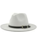 Classic white wool fedora with a black leather band and textured gold metal buckle - White