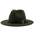 Close-up of olive green fedora wool hat featuring black leather band and metal buckle - M (56-58cm) / Green