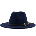 Detail of navy wool fedora hat featuring black leather band and gold embossed buckle - Navy Blue