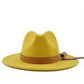Bright yellow wool felt fedora hat featuring a brown leather band with knot detail - M (56-58cm) / Yellow