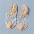 Sheer beige crystal socks with 3D polka dots and cotton stitching on blue background - One Size / Khaki