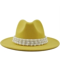 Bright yellow felt fedora hat featuring a white band with elegant pearl embellishments - M (56-58cm) / Yellow
