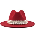 Detail of red wool fedora featuring a white ribbon adorned with triple rows of pearls - M (56-58cm) / Red