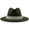 Detail of olive green wool fedora hat featuring a white band with three rows of pearls - M (56-58cm) / Green