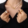 18k gold plated necklace with freshwater pearls and matching ring set on a model - Gold Freshwater Pearl Patchwork