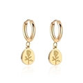 Golden hoop earrings with circular rose engraved pendants on a crisp white background - Rose Pendant Earrings (SE21041601G)