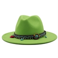 Neon green wool fedora hat with bohemian braided band and turquoise stone details - M (56-58cm) / Green
