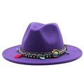 Detail of purple wool felt jazz hat with ethnic braided band and turquoise bead decor - Purple