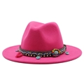 Detail of rose red wool fedora featuring colorful beads, turquoise, and pink tassels - Rose Red