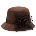 Elegante cappello cloche in lino marrone da donna con grande fiore e velo a pois neri - Regolabile / caffè