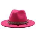 Rose red wool fedora hat with bohemian geometric band and decorative shell charms - M (56-58cm) / Rose Red