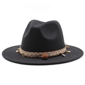 Close-up of black wool fedora featuring ethnic woven band with beads and metal coins - M (56-58cm) / Black