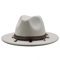 White wool felt wide brim fedora hat with bohemian ethnic woven band and shell charms - M (56-58cm) / White
